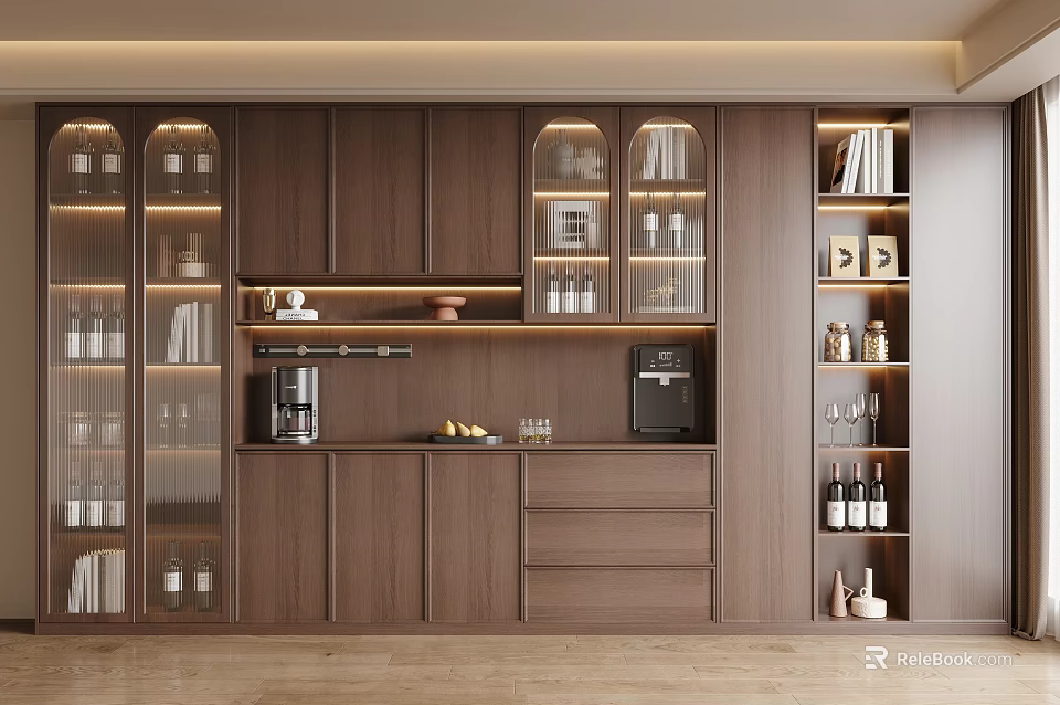 Modern Wooden Wine Cabinet With Glass Doors Holding Wine Bottles Wine Glasses And Lighting 3d model 