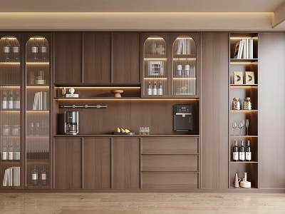 Modern Wooden Wine Cabinet With Glass Doors Holding Wine Bottles Wine Glasses And Lighting 3d model