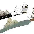 Modern Decorative Ornament Set With Mountain Ship And Circular Design Elements 3d model