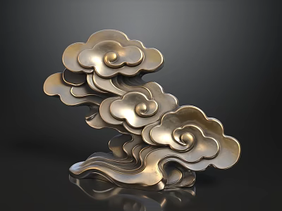 Golden Cloud Pattern Sculpture With Metallic Texture And Wave Shaped Base 3d model