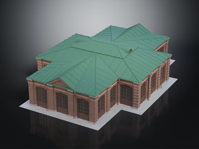 Traditional Building With Green Sloped Roofs And Red Brick Walls 3d model