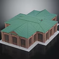 Traditional Building With Green Sloped Roofs And Red Brick Walls