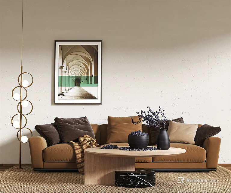 Brown Three Seater Sofa With Cushions Floor Lamp Coffee Table And Wall Art 3d model 