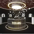 Thermabo Exhibition Booth With Illuminated Circular Gold Trimmed Reception Desk And Snowflake Ceiling