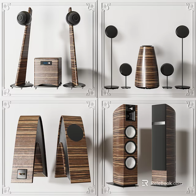 Stylish Modern Headphones and Speakers With Wooden Texture Floorstanding Bookshelf Models 3d model 