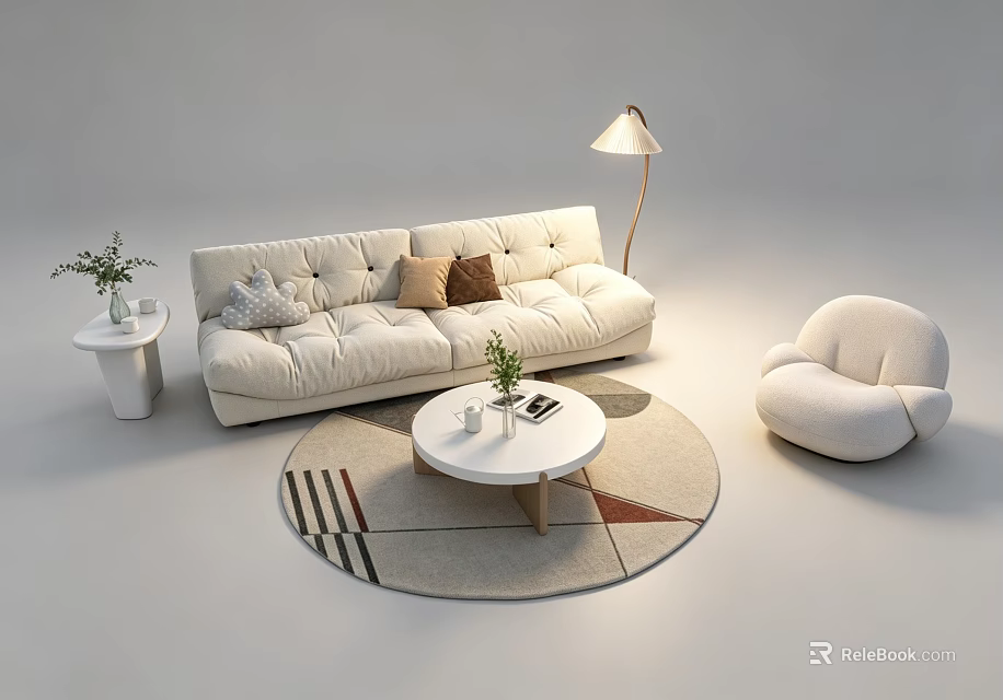 White Cushioned Sofa and Coffee Table Set with Round Geometric Rug Armchair and Floor Lamp 3d model 