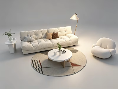 White Cushioned Sofa and Coffee Table Set with Round Geometric Rug Armchair and Floor Lamp 3d model