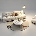 White Cushioned Sofa and Coffee Table Set with Round Geometric Rug Armchair and Floor Lamp