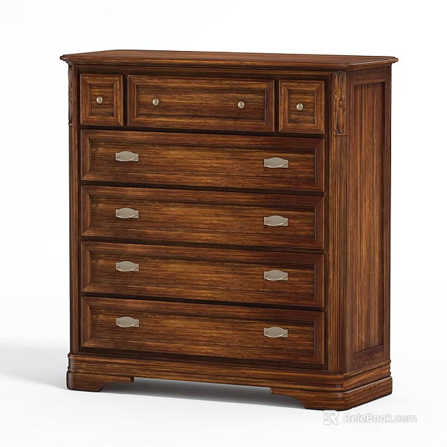 Classic Wooden Chest of Drawers with Metal Handles and Natural Wood Grain 3d model 