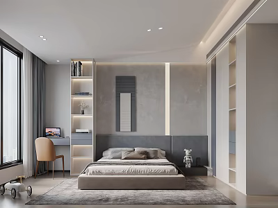 Modern Bedroom Interior Design With Minimalist Bed Desk Bookshelf And Large Window 3d model