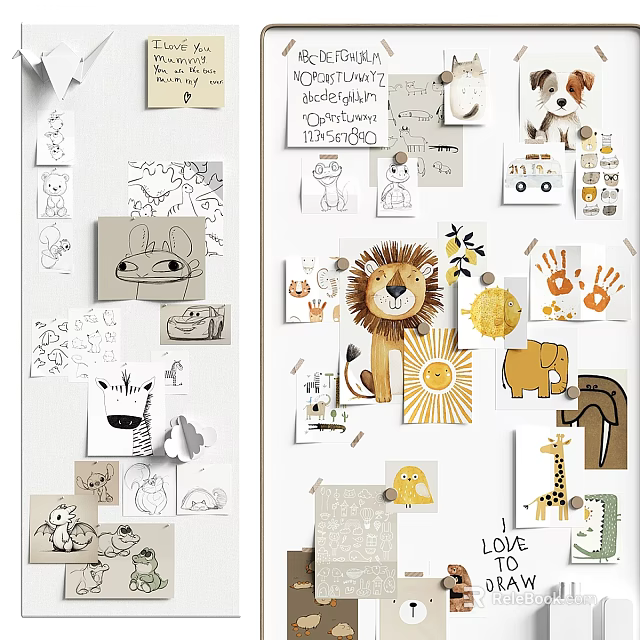 Children Handmade Art Display With Animal Figures Sun Handprint Art Love Lettering And Paper Cutouts 3d model 