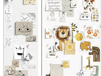 Children Handmade Art Display With Animal Figures Sun Handprint Art Love Lettering And Paper Cutouts 3d model