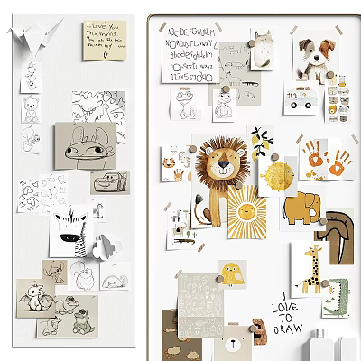 Children Handmade Art Display With Animal Figures Sun Handprint Art Love Lettering And Paper Cutouts 3d model