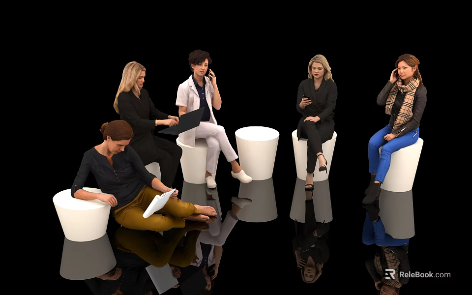 Group of people sitting on white stools against black background using laptops phones and documents 3d model 