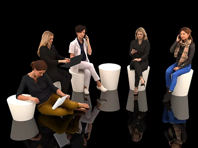 Group of people sitting on white stools against black background using laptops phones and documents 3d model
