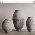 Handmade Textured Ceramic Vases On Wooden Floor With Light Wall Background 3d model