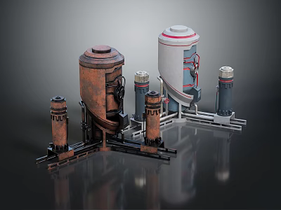 Industrial Equipment Featuring Rusted Metal Tanks White Cylinders And Gray Supports With Frames 3d model