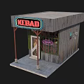 Cartoon Style Kebab Stand With Neon Sign Wooden Walls Open Sign And AC Unit