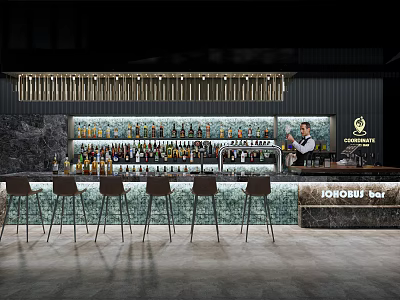 Modern Bar Counter With Wine Racks Bottles Stools Hanging Lights And Stone Top 3d model