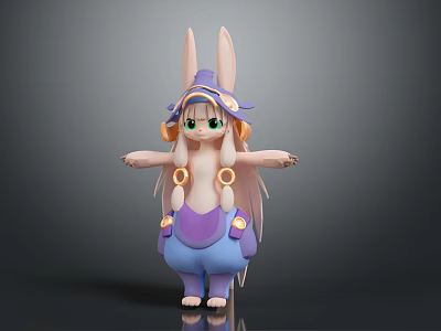 Cute 3D Rabbit Character With Pigtails Purple Outfit Blue Pants And Hat 3d model
