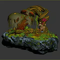 Fantasy Plant Landscape With Twisted Tree Trunks Green Foliage Red Mushrooms And Pink Flowers