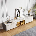 Modern Elegant TV Stand With Marble Top White Gold Drawers Artwork And Plant Decor