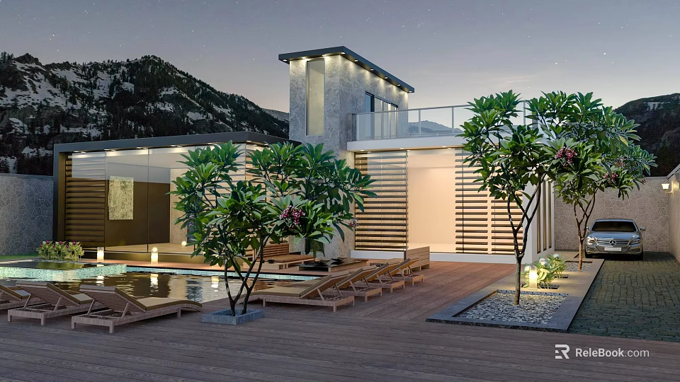 Luxury Detached Villa with Private Pool Wooden Deck Sun Loungers Tropical Trees Mountain View 3d model 