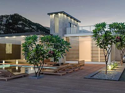 Luxury Detached Villa with Private Pool Wooden Deck Sun Loungers Tropical Trees Mountain View 3d model