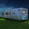 Modern Modular Geneva Guesthouse 02 White Orange Exterior Night Lighting On Grassland