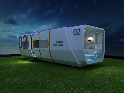 Modern Modular Geneva Guesthouse 02 White Orange Exterior Night Lighting On Grassland 3d model