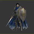 A Man In Medieval Armor With Blue Cape Holding Sword And Golden Shield