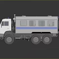 White Truck 3D Model With Blue Stripe Roof Lights And Multiple Wheels