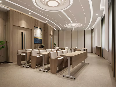 Modern Conference Room Interior With Wooden Walls Large Table White Chairs And Ceiling Lights 3d model