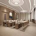 Modern Conference Room Interior With Wooden Walls Large Table White Chairs And Ceiling Lights