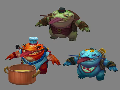 Colorful Cartoon Character Creatures With Chef Hat Cooking Pot And Decorative Items 3d model