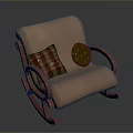 Comfortable Beige Rocking Chair With Red Wooden Armrests And Decorative Pillows