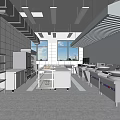 Modern Commercial Kitchen Interior With Stainless Steel Workstations Range Hoods And Storage Cabinets