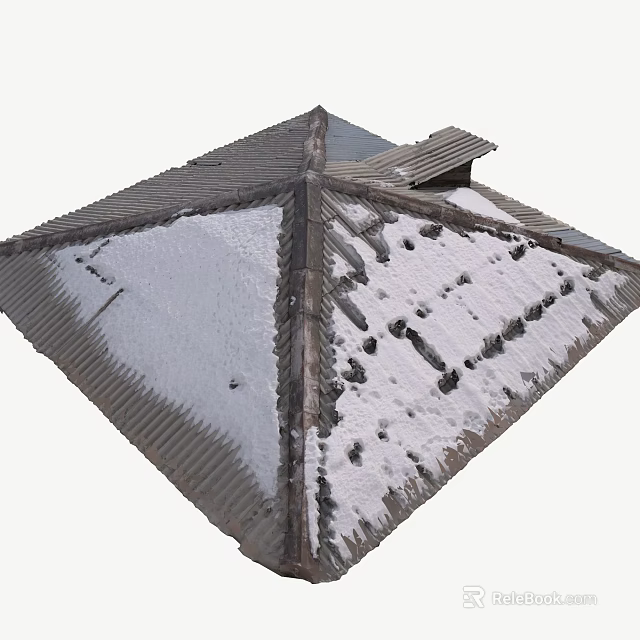 Snow Covered Corrugated Metal Roof With Multi Sloped Structure And Intersecting Ridges 3d model 