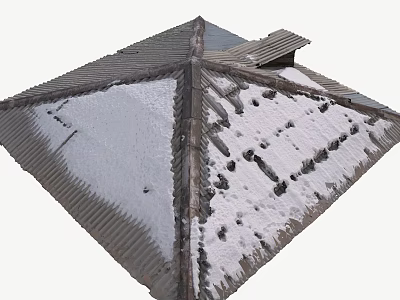 Snow Covered Corrugated Metal Roof With Multi Sloped Structure And Intersecting Ridges 3d model