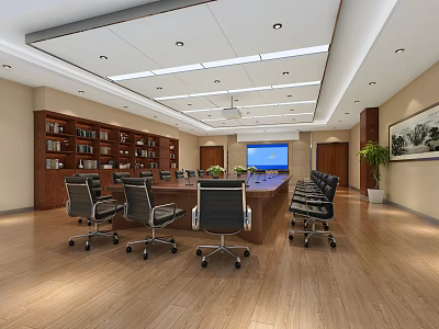 Modern Spacious Conference Room Interior With Long Table Black Chairs And Bookshelves 3d model