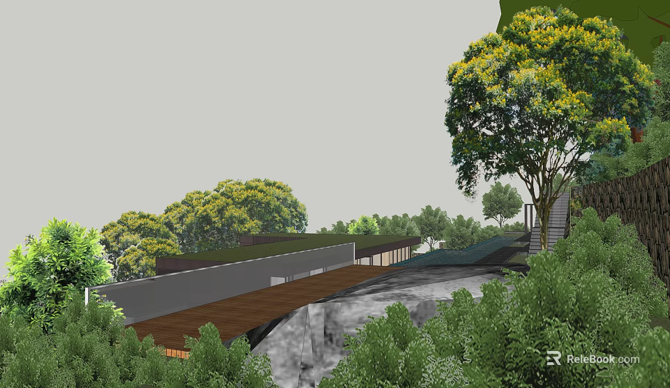 Serene Garden Landscape Design Featuring Wooden Walkway Lush Trees And Natural Terrain 3d model 