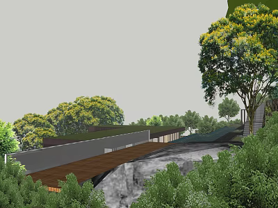 Serene Garden Landscape Design Featuring Wooden Walkway Lush Trees And Natural Terrain 3d model