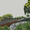 Serene Garden Landscape Design Featuring Wooden Walkway Lush Trees And Natural Terrain