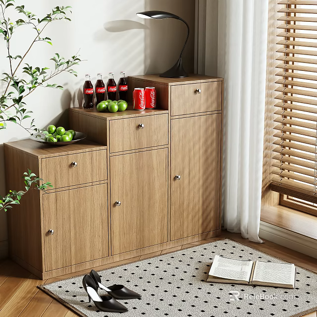 Wooden Shoe Cabinet Featuring Storage Compartments Countertop Fruits Drinks and Plant Near Window Blinds Indoor 3d model 