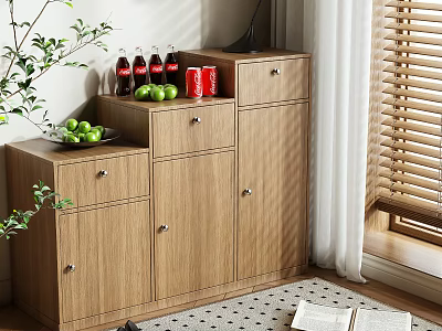 Wooden Shoe Cabinet Featuring Storage Compartments Countertop Fruits Drinks and Plant Near Window Blinds Indoor 3d model