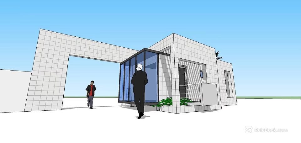 Modern Entrance Gate With White Walls Glass Structure Green Plants And People 3d model 