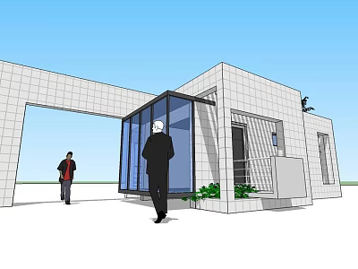 Modern Entrance Gate With White Walls Glass Structure Green Plants And People 3d model