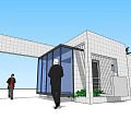 Modern Entrance Gate With White Walls Glass Structure Green Plants And People