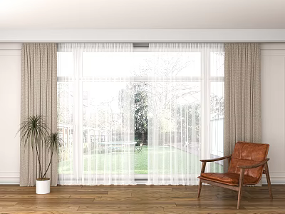 Elegant Curtains With Sheer And Thick Layers In Bright Room With Wooden Floor Leather Chair 3d model