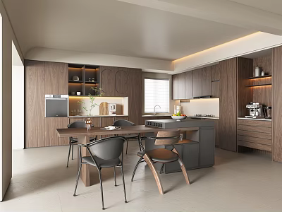 Modern Wooden Kitchen Interior Design With Island Counter Dining Table And Cabinets 3d model